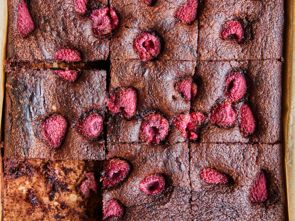 Chocolate and raspberry olive oil brownies